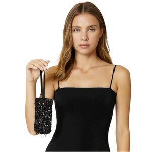 Vintage Black Sequin Beaded Wristlet Bag Y2K 90s Party Clutch Size OS